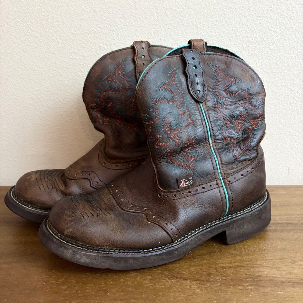 Justin Cowboy Boots 11B Brown Leather Turquoise Stitch Western Kids L9607